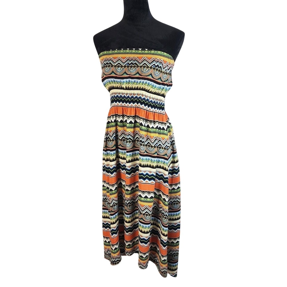 LOLITA Size Medium Strapless Elastic Empire Waist High Low Midi Dress 100% Rayon